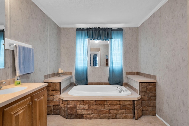 bathroom featuring a bath, wallpapered walls, and ornamental molding