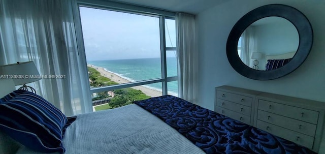 bedroom featuring a water view and multiple windows