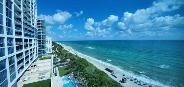 property view of water featuring a beach view