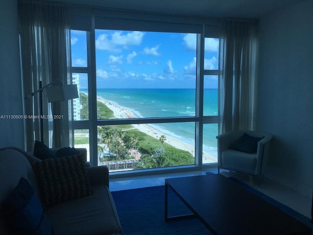 living room with a healthy amount of sunlight and a water view