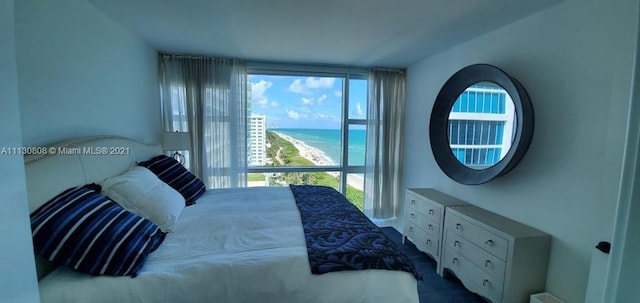 bedroom featuring a water view and multiple windows