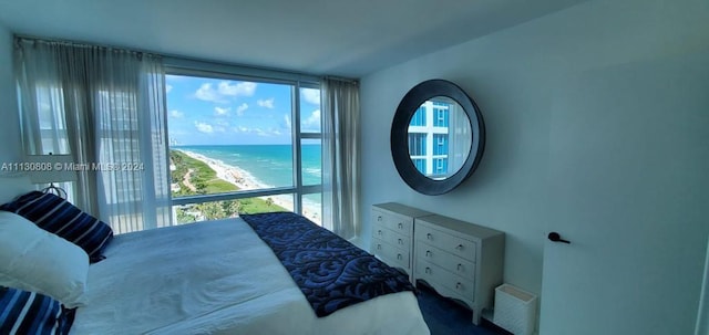 bedroom with multiple windows and a water view