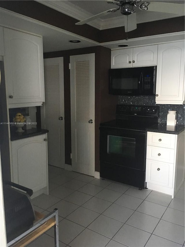 kitchen featuring white cabinetry, backsplash, ceiling fan, black appliances, and light tile flooring