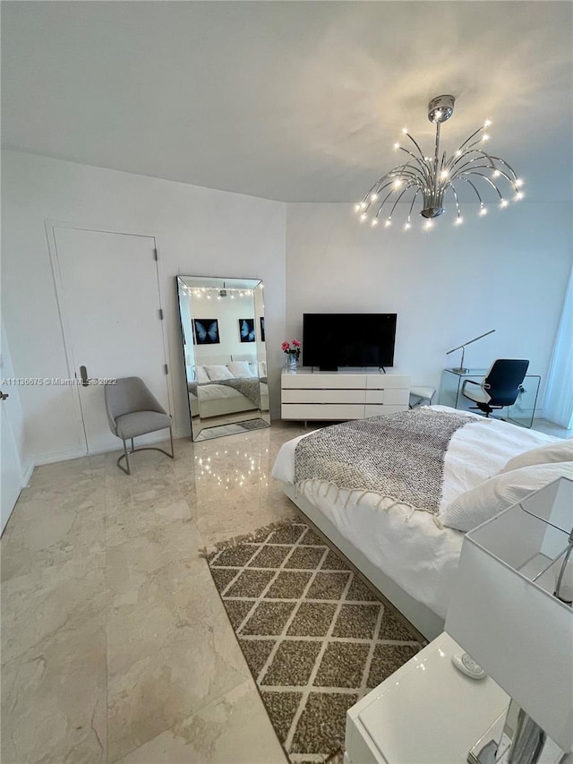 bedroom featuring light tile floors and a chandelier