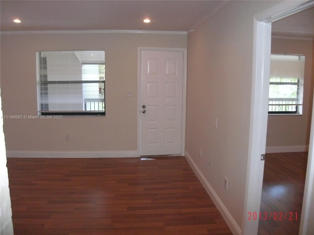 interior space with dark hardwood / wood-style floors and ornamental molding