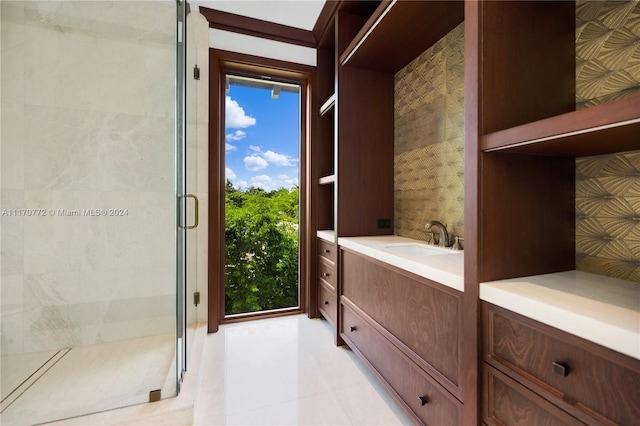 bathroom featuring plenty of natural light, vanity, and a shower with shower door