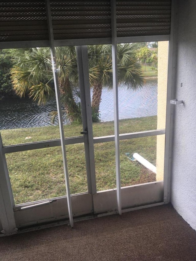 entryway with a wealth of natural light, a water view, and dark carpet