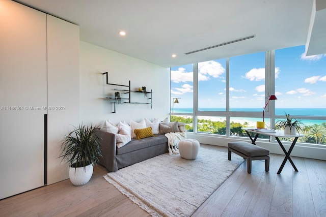 living room with light hardwood / wood-style floors and a water view