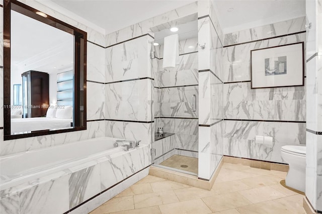 bathroom featuring independent shower and bath, tile walls, tile floors, and toilet