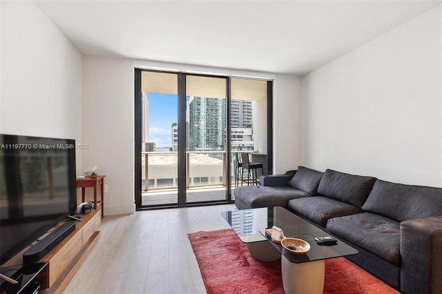 living room featuring expansive windows and light wood-type flooring