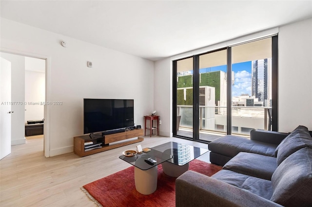 living room with light hardwood / wood-style floors and a wall of windows