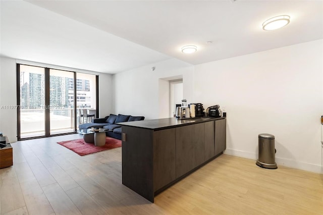 home office with expansive windows and light hardwood / wood-style floors