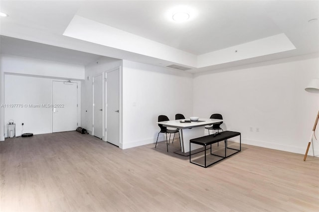 interior space featuring a raised ceiling and light hardwood / wood-style floors