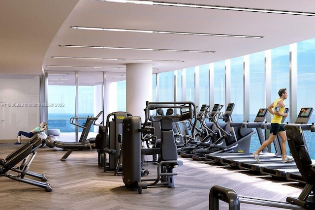 workout area featuring light carpet and a wall of windows