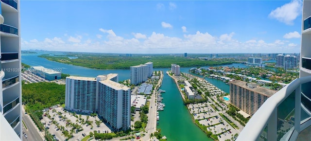 aerial view featuring a water view