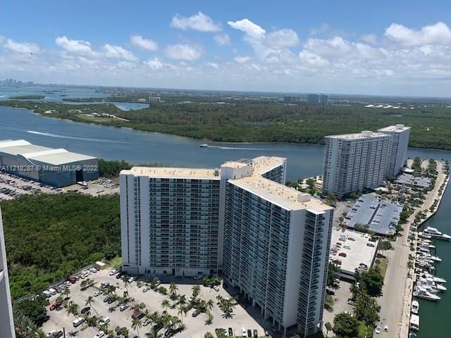 aerial view featuring a water view