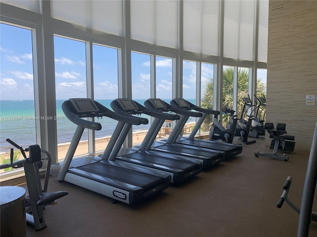 exercise room with dark colored carpet, a healthy amount of sunlight, and a water view