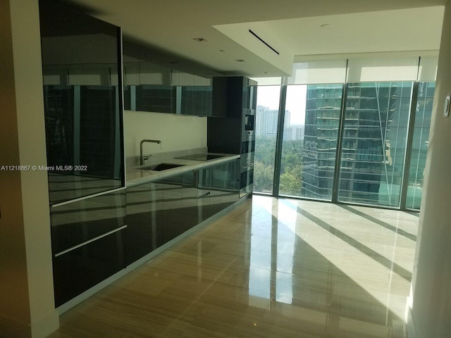 hallway with expansive windows and sink