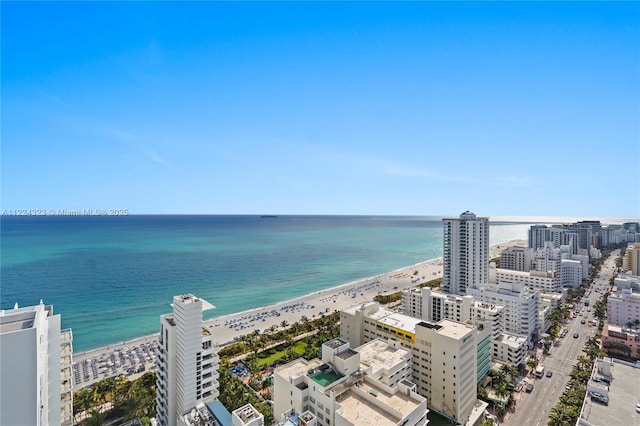 drone / aerial view with a water view and a beach view