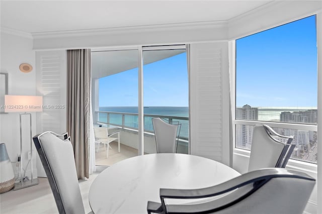 dining space with crown molding, a water view, and a healthy amount of sunlight