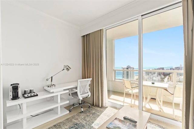 office area with hardwood / wood-style floors, a water view, and ornamental molding