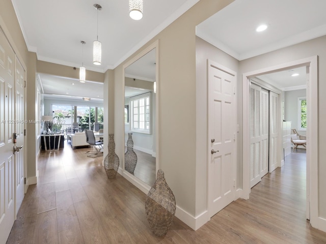 corridor with crown molding and light wood-type flooring