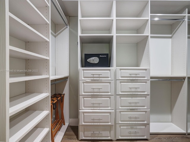 walk in closet with dark wood-type flooring