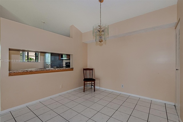 spare room with light tile flooring, a notable chandelier, high vaulted ceiling, and sink