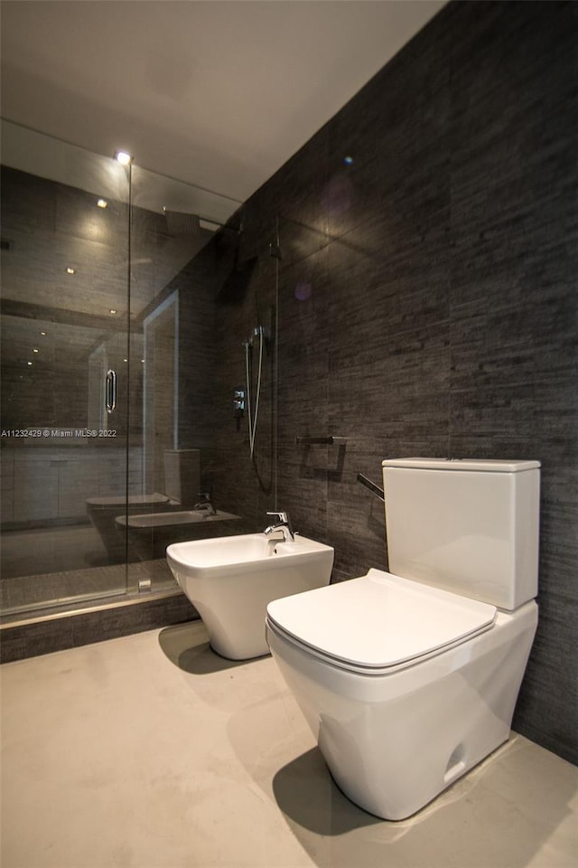 bathroom featuring an enclosed shower, tile walls, toilet, and tile floors