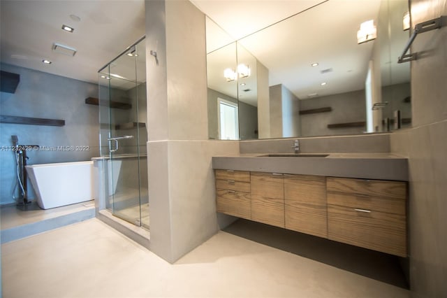 bathroom with an enclosed shower, concrete floors, oversized vanity, and an inviting chandelier