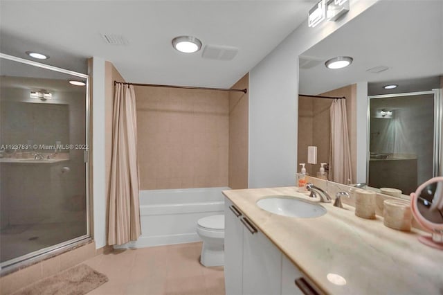 full bathroom with shower / bath combination with curtain, oversized vanity, toilet, and tile floors