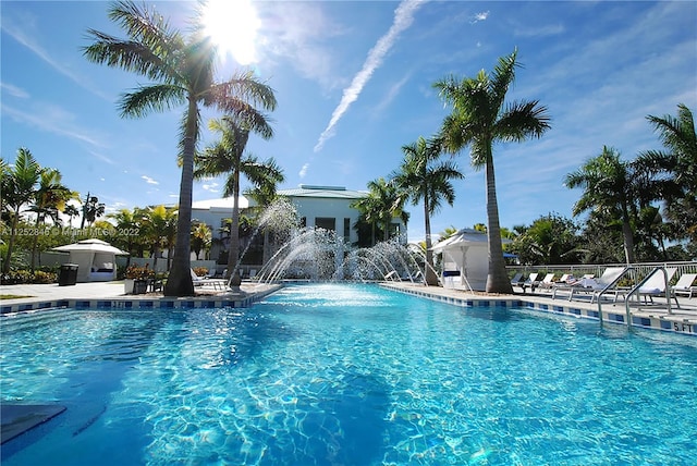 view of swimming pool with pool water feature