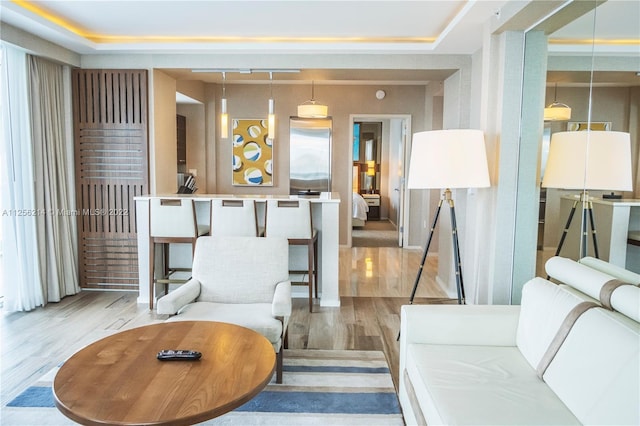 living room featuring a tray ceiling and light wood-type flooring