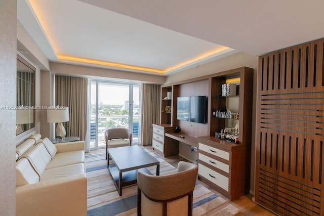 living room featuring a tray ceiling and light hardwood / wood-style flooring