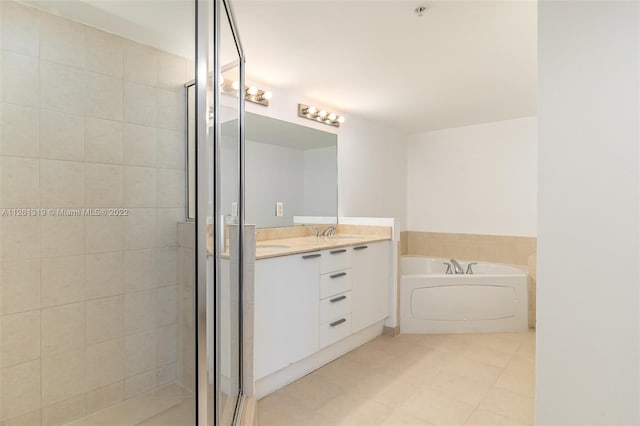 bathroom with tile patterned floors, plus walk in shower, and vanity