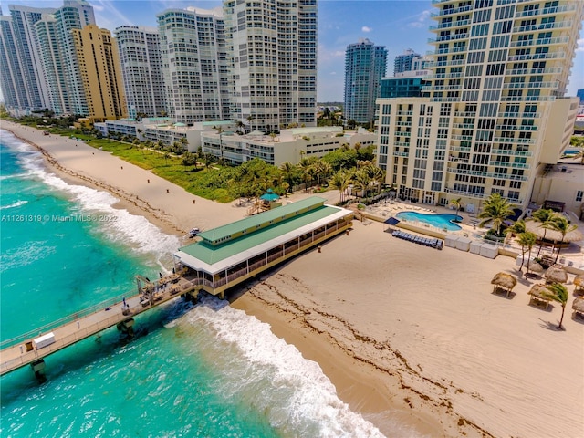 bird's eye view with a view of the beach and a water view