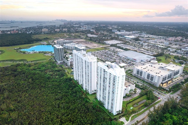 view of aerial view at dusk