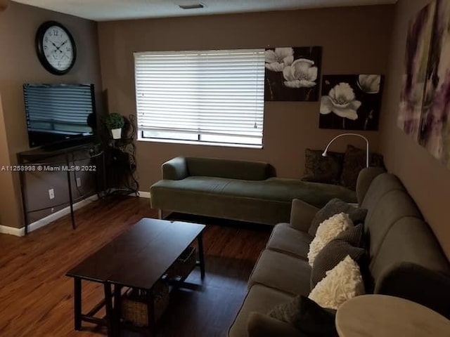 living room with dark hardwood / wood-style floors