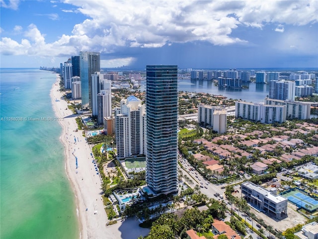 drone / aerial view with a water view and a view of the beach