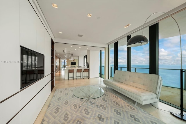 living room with a water view, a healthy amount of sunlight, and a wall of windows