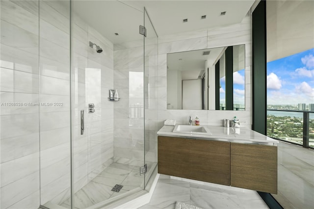 bathroom featuring vanity, walk in shower, a water view, backsplash, and tile floors