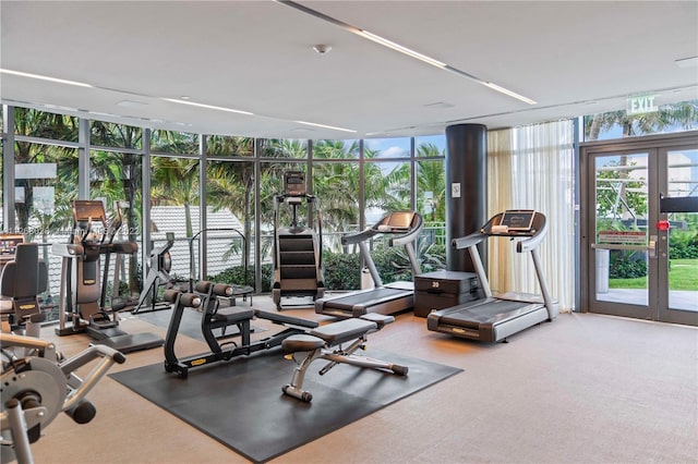 workout area featuring floor to ceiling windows, french doors, and carpet floors