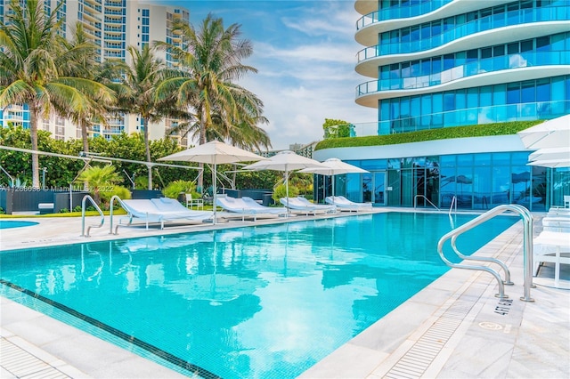 view of swimming pool with a patio area