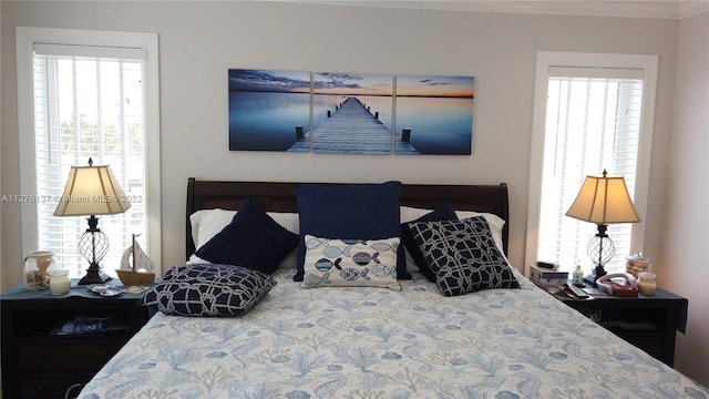 bedroom with crown molding and multiple windows