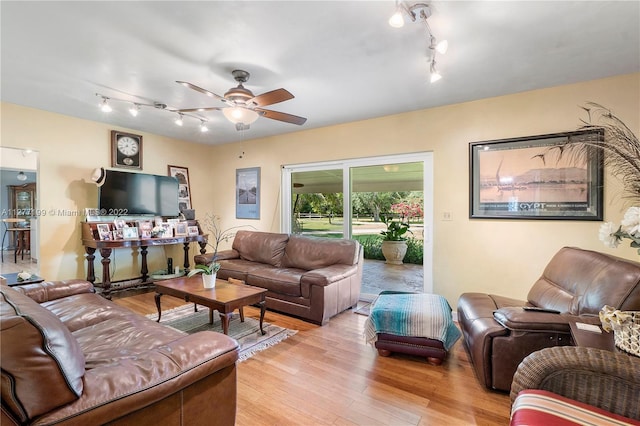 living room featuring light wood-type flooring, ceiling fan, and rail lighting