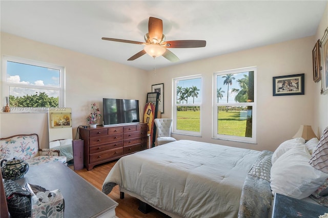 bedroom with hardwood / wood-style floors, multiple windows, and ceiling fan