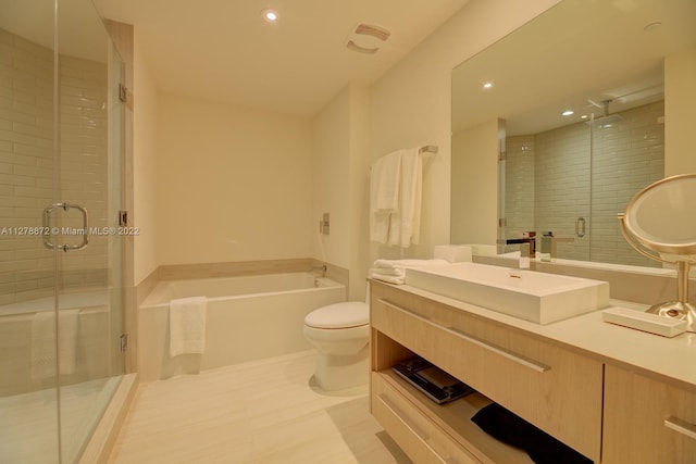 full bathroom featuring vanity, tile flooring, and plus walk in shower