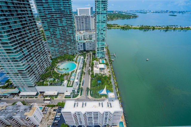 drone / aerial view featuring a water view