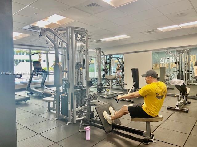 gym featuring plenty of natural light and a drop ceiling