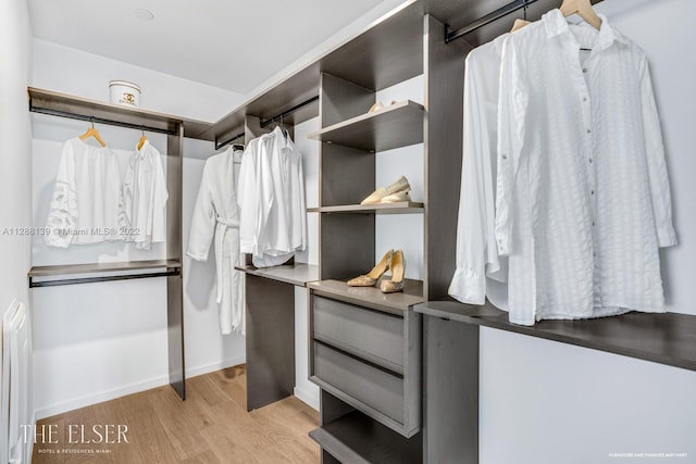 walk in closet with light hardwood / wood-style floors